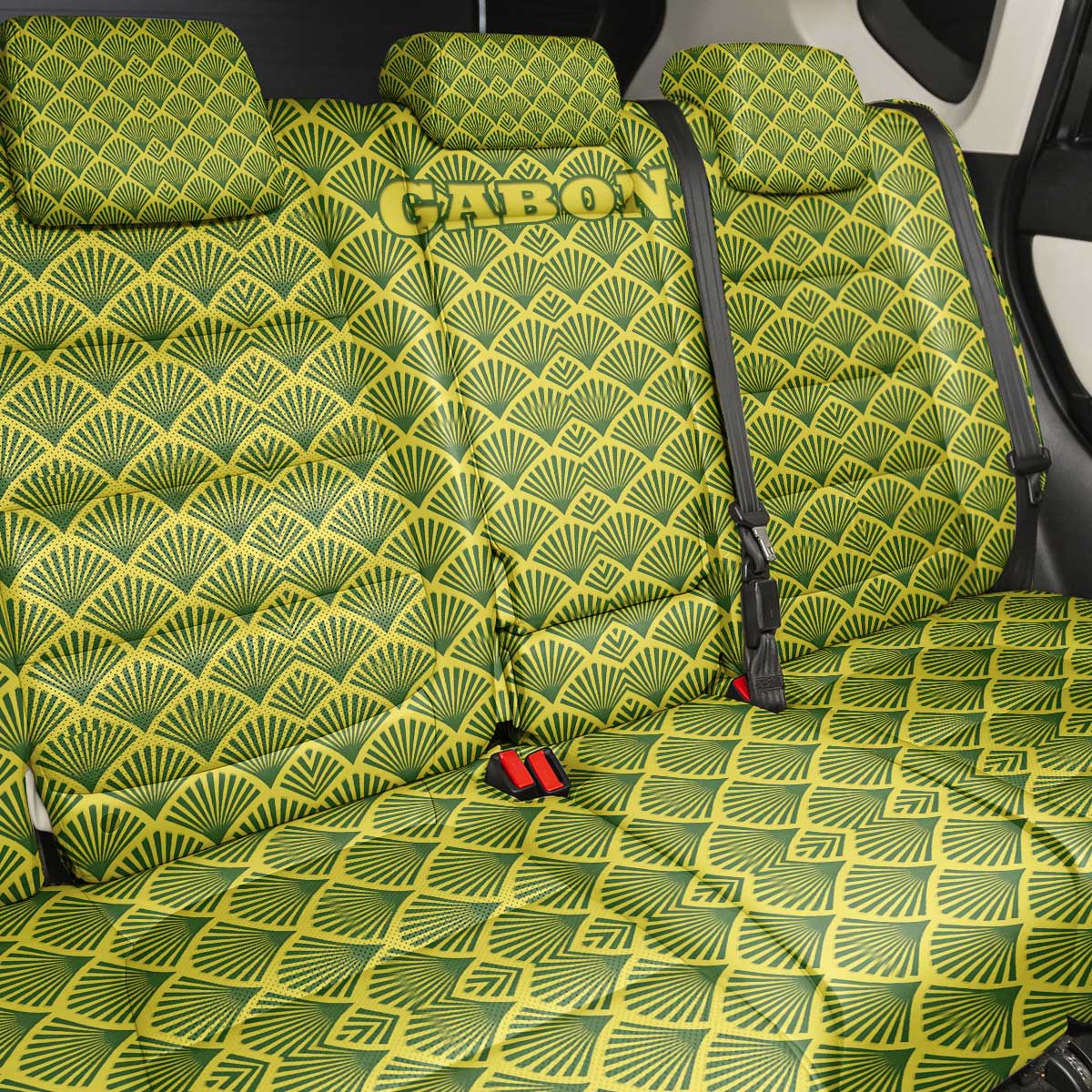 Gabon Tribal Pattern Back Car Seat Cover with National Flag Colors and Bold Text Design