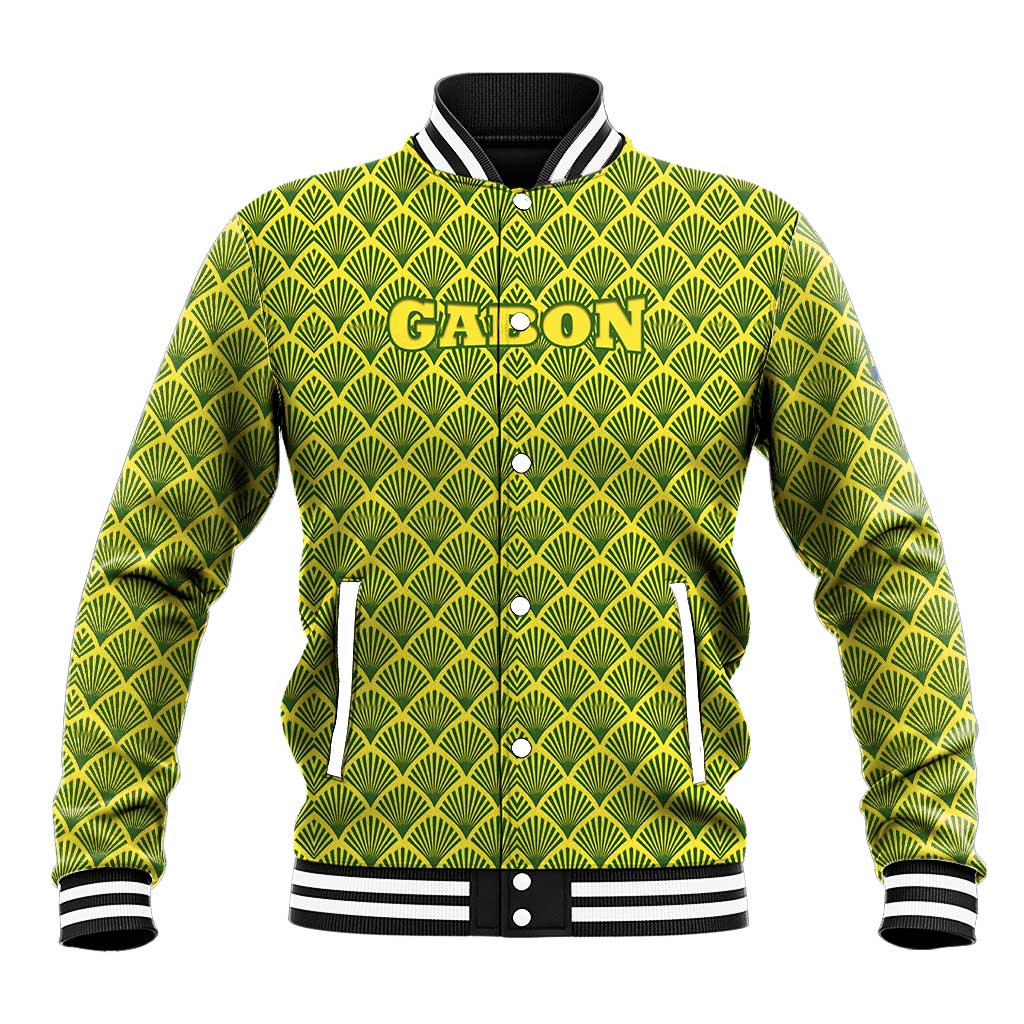 Gabon Tribal Pattern Baseball Jacket with National Flag Colors and Bold Text Design