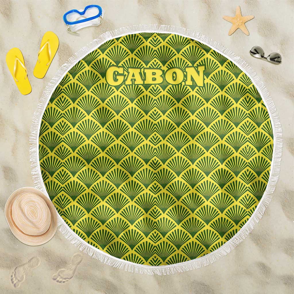 Gabon Tribal Pattern Beach Blanket with National Flag Colors and Bold Text Design