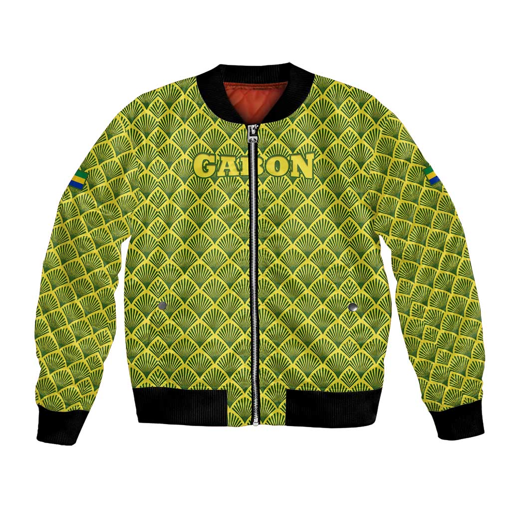 Gabon Tribal Pattern Bomber Jacket with National Flag Colors and Bold Text Design