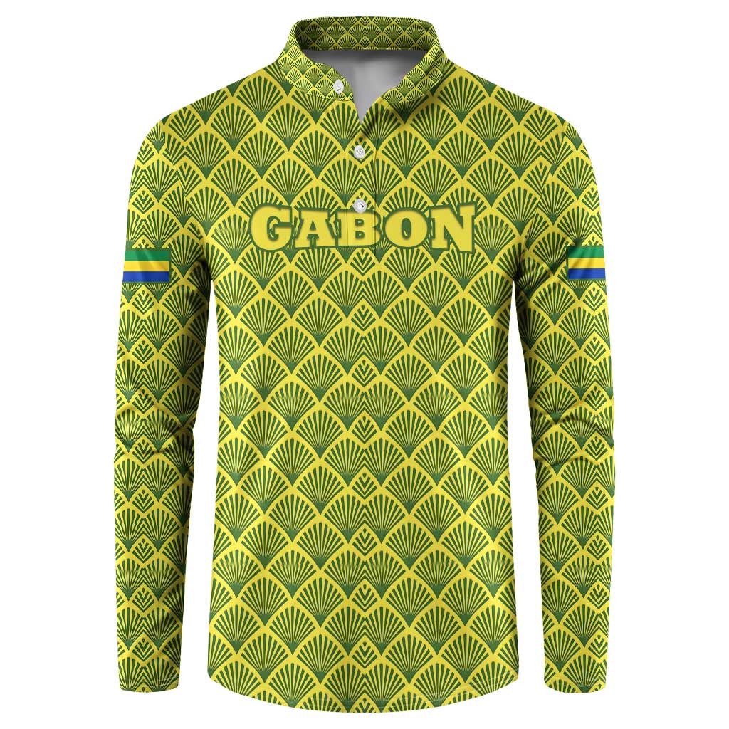 Gabon Tribal Pattern Button Sweatshirt with National Flag Colors and Bold Text Design