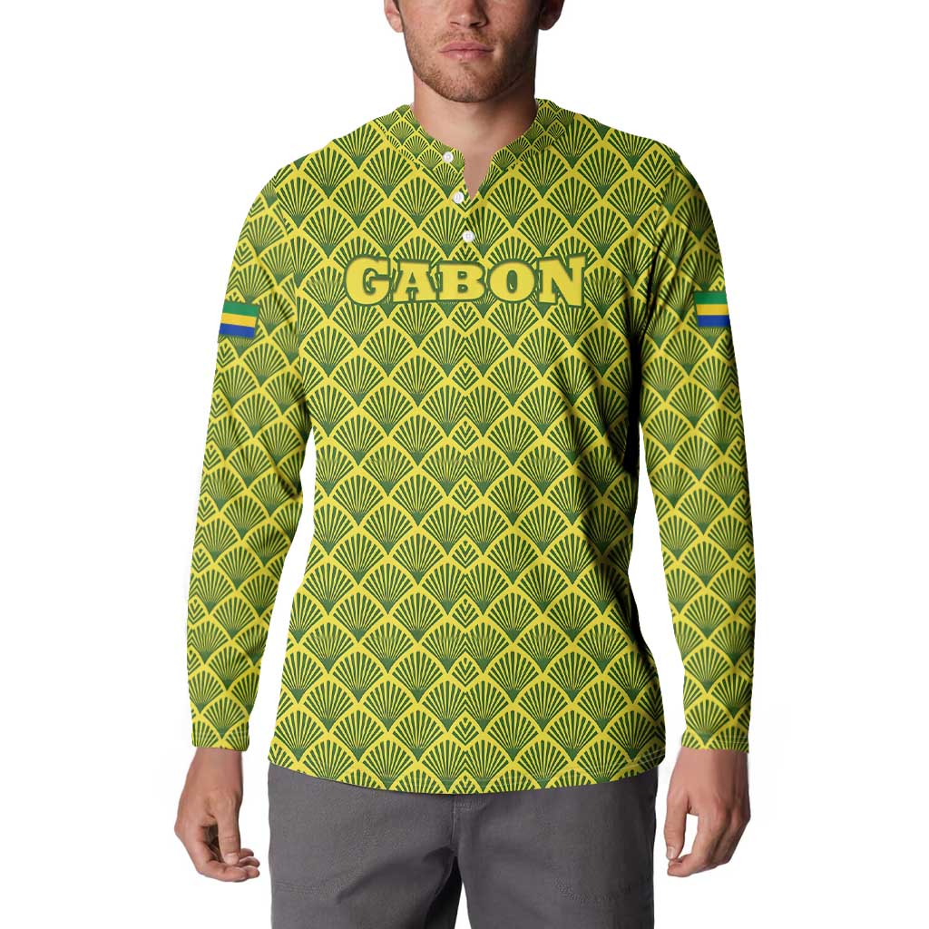 Gabon Tribal Pattern Button Sweatshirt with National Flag Colors and Bold Text Design