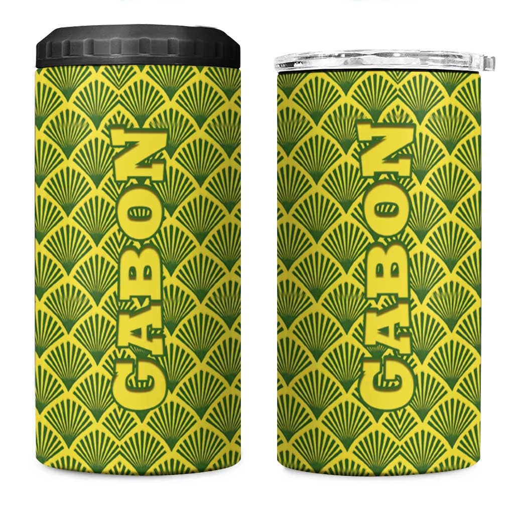 Gabon Tribal Pattern 4 in 1 Can Cooler Tumbler with National Flag Colors and Bold Text Design