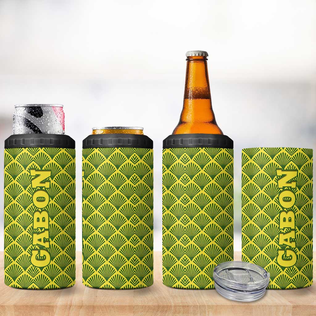 Gabon Tribal Pattern 4 in 1 Can Cooler Tumbler with National Flag Colors and Bold Text Design