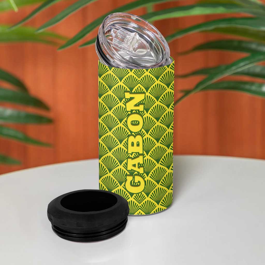 Gabon Tribal Pattern 4 in 1 Can Cooler Tumbler with National Flag Colors and Bold Text Design