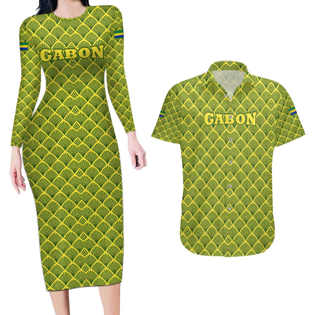 Gabon Tribal Pattern Couples Matching Long Sleeve Bodycon Dress and Hawaiian Shirt with National Flag Colors and Bold Text Design