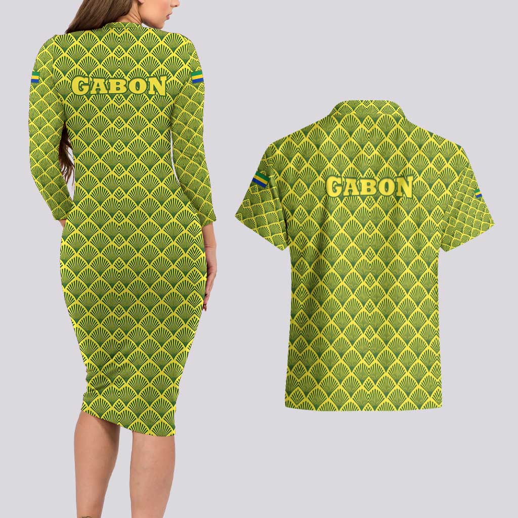 Gabon Tribal Pattern Couples Matching Long Sleeve Bodycon Dress and Hawaiian Shirt with National Flag Colors and Bold Text Design