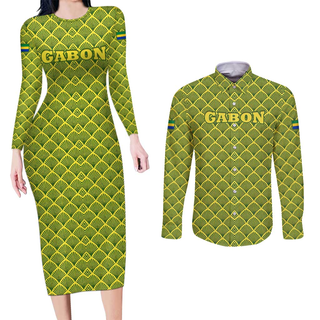 Gabon Tribal Pattern Couples Matching Long Sleeve Bodycon Dress and Long Sleeve Button Shirt with National Flag Colors and Bold Text Design