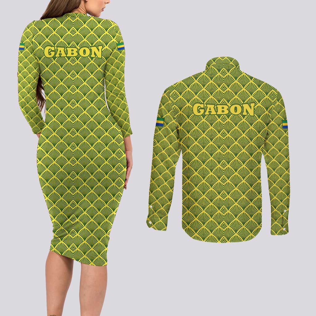 Gabon Tribal Pattern Couples Matching Long Sleeve Bodycon Dress and Long Sleeve Button Shirt with National Flag Colors and Bold Text Design