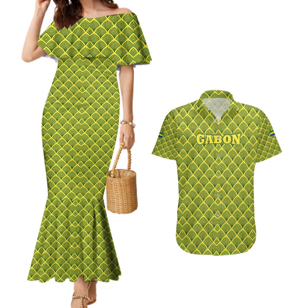 Gabon Tribal Pattern Couples Matching Mermaid Dress and Hawaiian Shirt with National Flag Colors and Bold Text Design