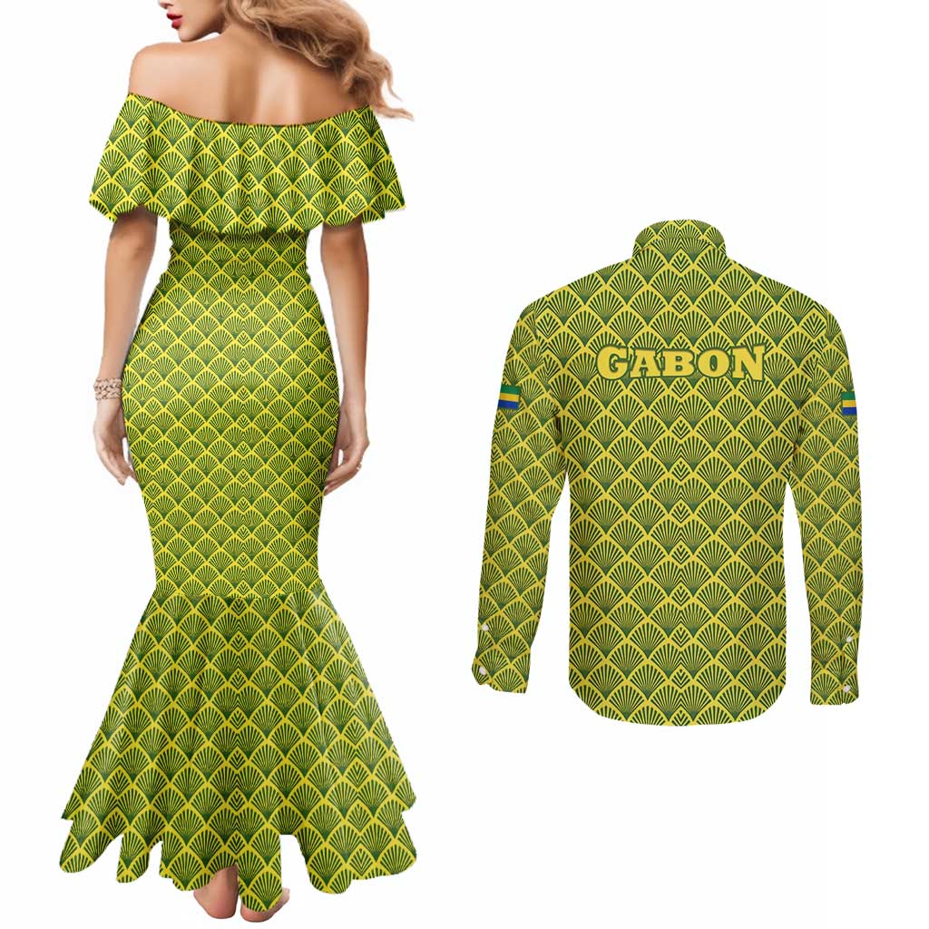 Gabon Tribal Pattern Couples Matching Mermaid Dress and Long Sleeve Button Shirt with National Flag Colors and Bold Text Design