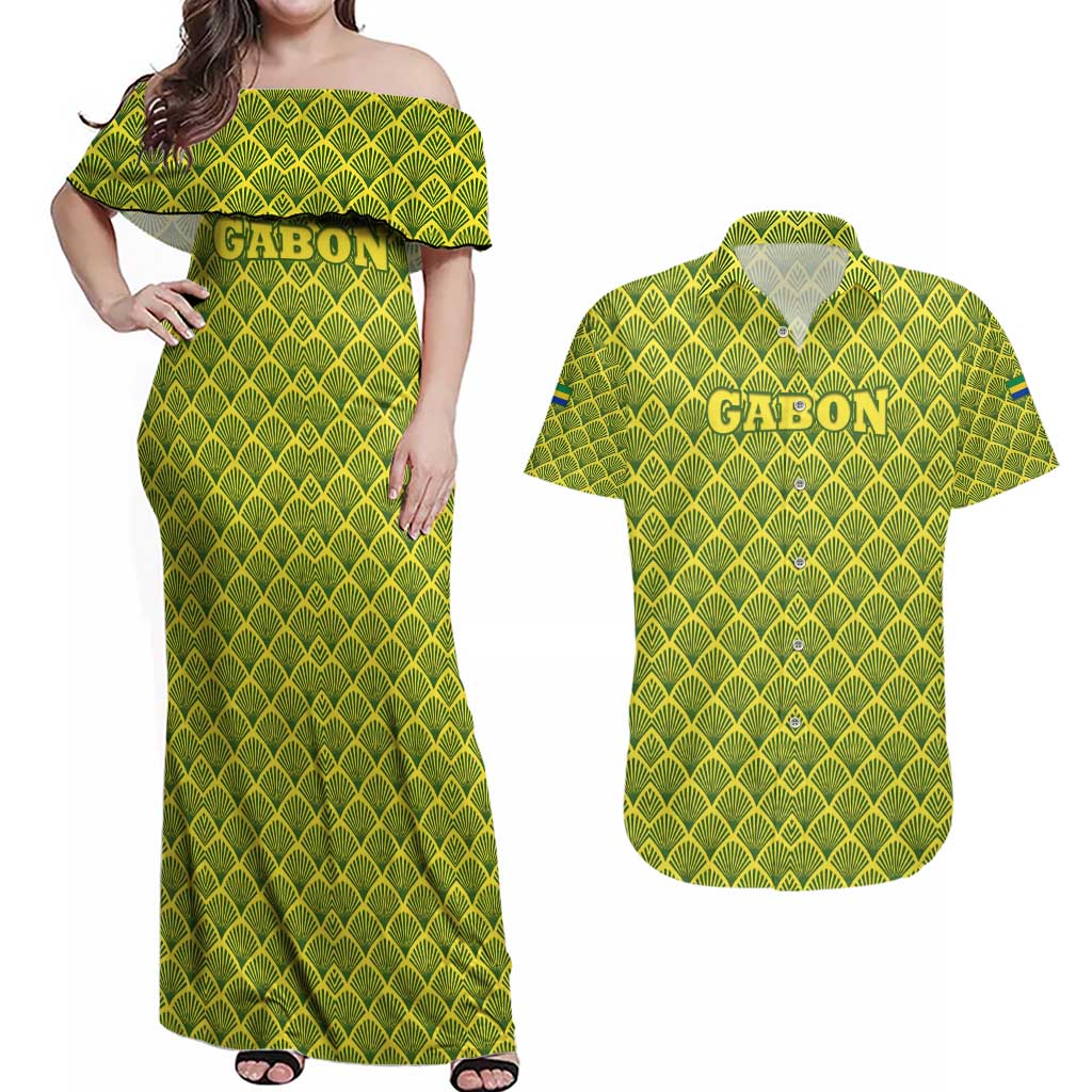 Gabon Tribal Pattern Couples Matching Off Shoulder Maxi Dress and Hawaiian Shirt with National Flag Colors and Bold Text Design