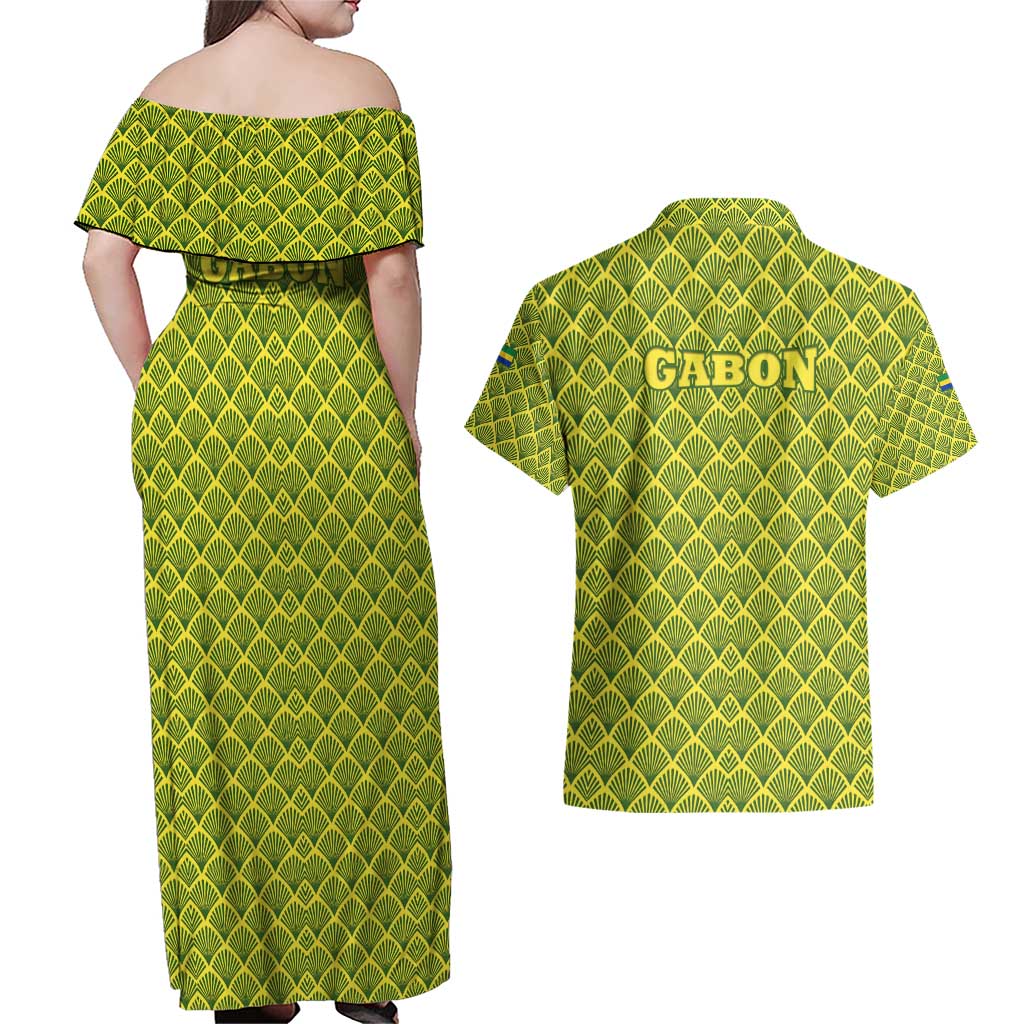 Gabon Tribal Pattern Couples Matching Off Shoulder Maxi Dress and Hawaiian Shirt with National Flag Colors and Bold Text Design