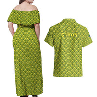 Gabon Tribal Pattern Couples Matching Off Shoulder Maxi Dress and Hawaiian Shirt with National Flag Colors and Bold Text Design