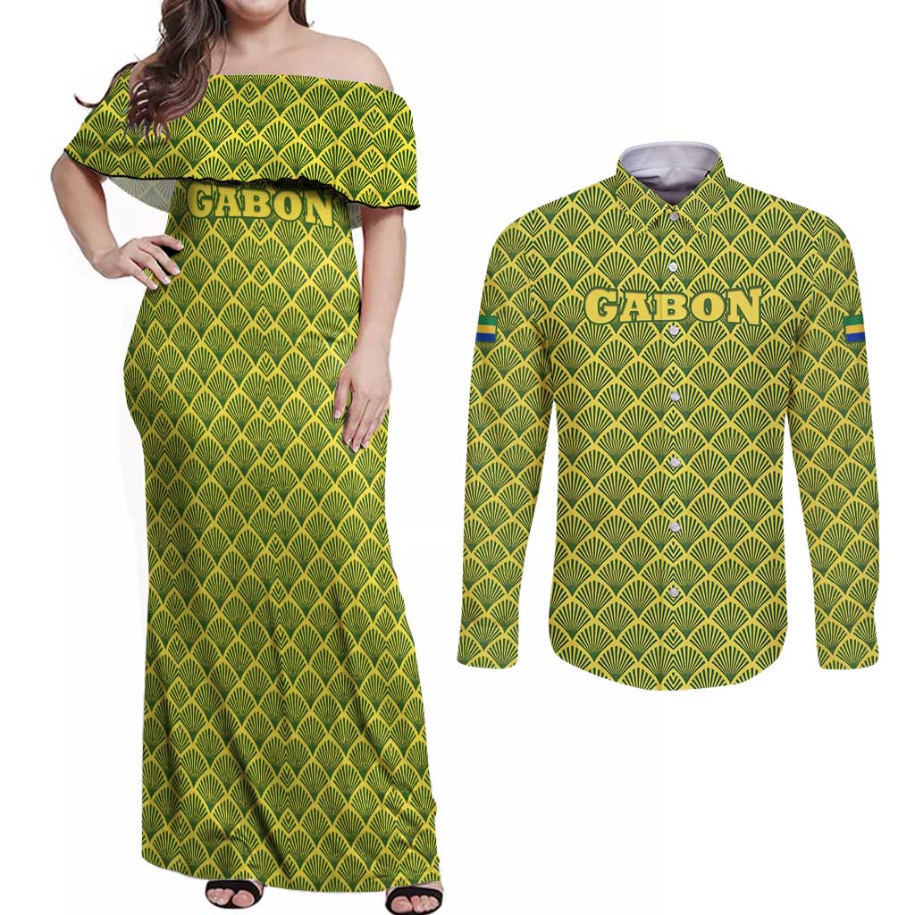 Gabon Tribal Pattern Couples Matching Off Shoulder Maxi Dress and Long Sleeve Button Shirt with National Flag Colors and Bold Text Design