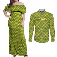 Gabon Tribal Pattern Couples Matching Off Shoulder Maxi Dress and Long Sleeve Button Shirt with National Flag Colors and Bold Text Design