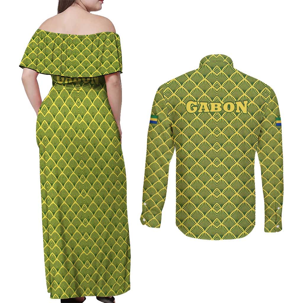 Gabon Tribal Pattern Couples Matching Off Shoulder Maxi Dress and Long Sleeve Button Shirt with National Flag Colors and Bold Text Design