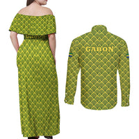 Gabon Tribal Pattern Couples Matching Off Shoulder Maxi Dress and Long Sleeve Button Shirt with National Flag Colors and Bold Text Design