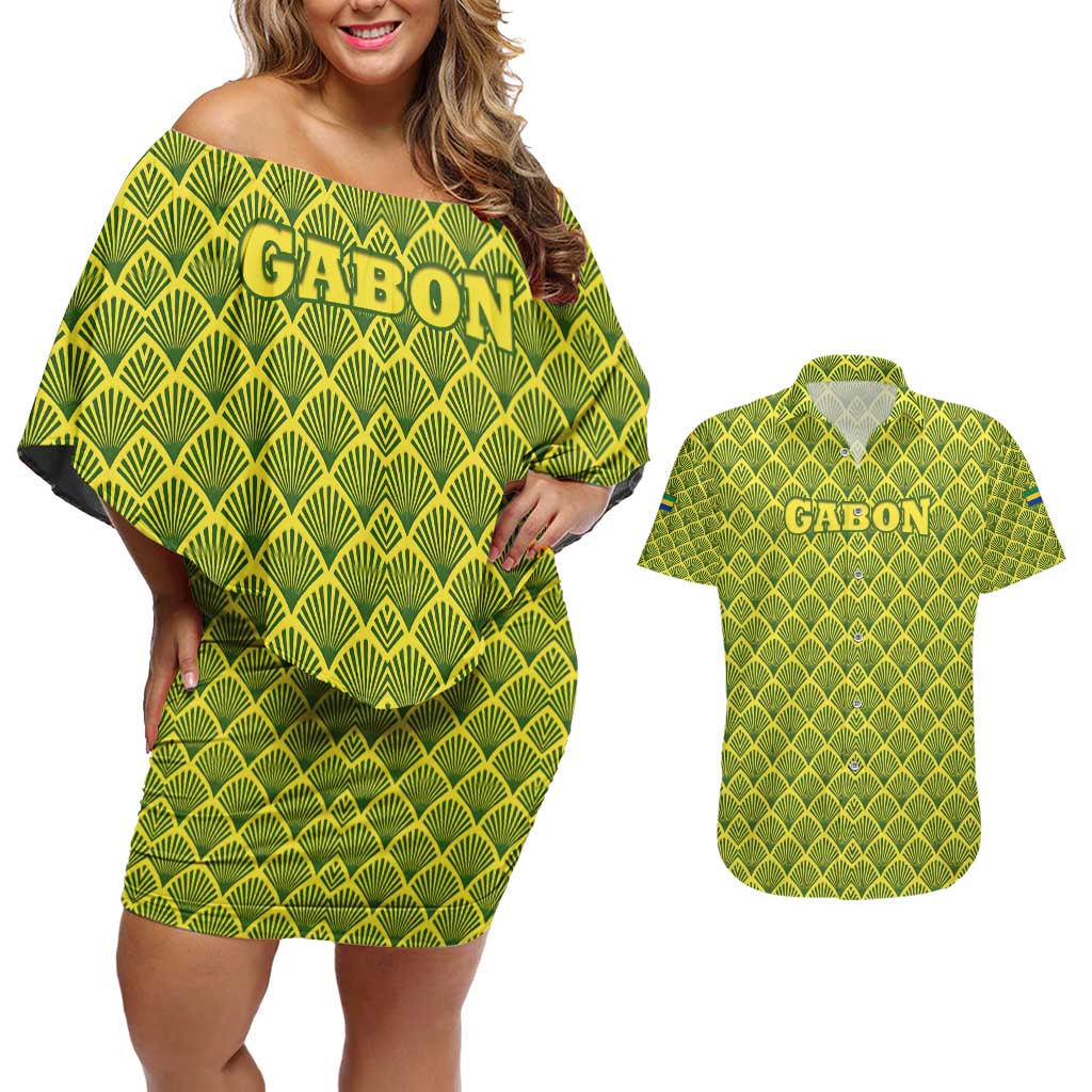Gabon Tribal Pattern Couples Matching Off Shoulder Short Dress and Hawaiian Shirt with National Flag Colors and Bold Text Design