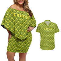 Gabon Tribal Pattern Couples Matching Off Shoulder Short Dress and Hawaiian Shirt with National Flag Colors and Bold Text Design