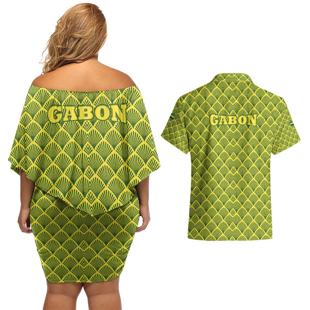 Gabon Tribal Pattern Couples Matching Off Shoulder Short Dress and Hawaiian Shirt with National Flag Colors and Bold Text Design