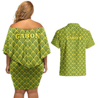Gabon Tribal Pattern Couples Matching Off Shoulder Short Dress and Hawaiian Shirt with National Flag Colors and Bold Text Design