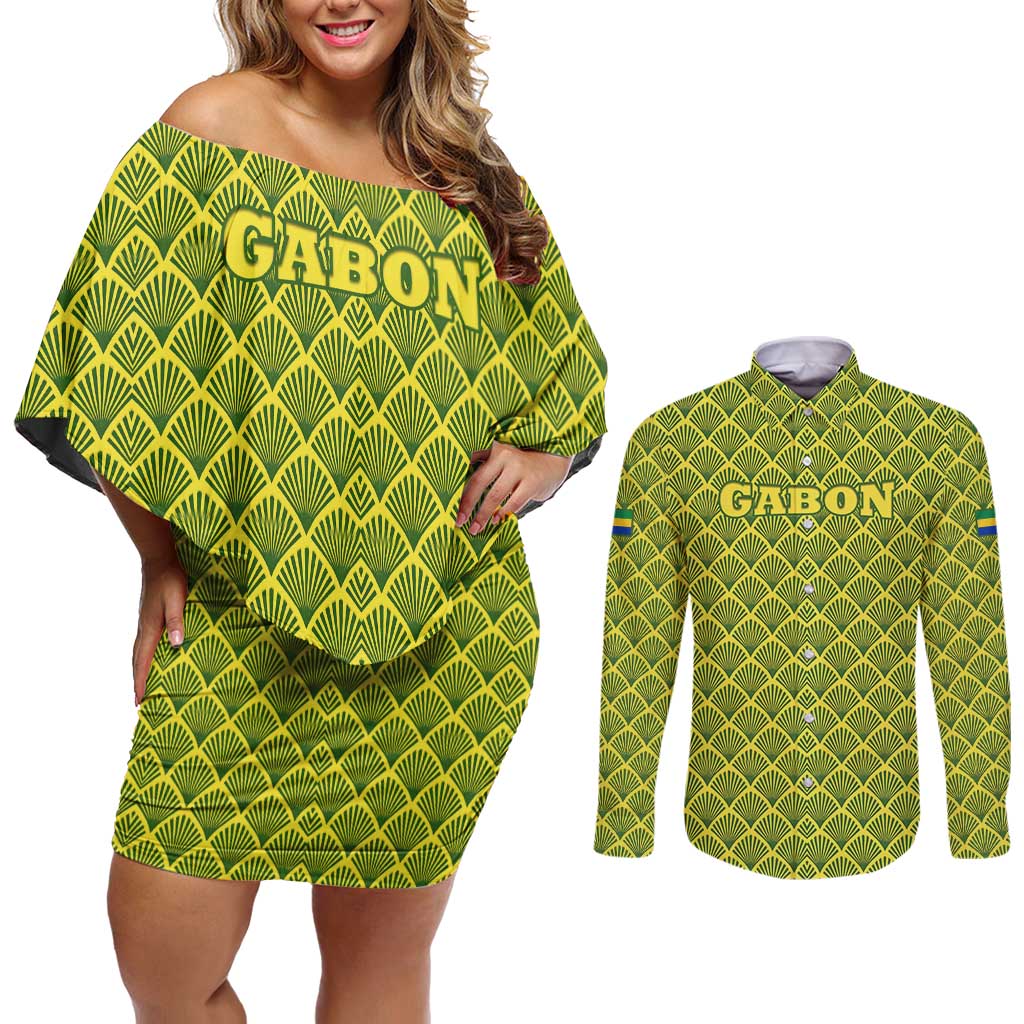 Gabon Tribal Pattern Couples Matching Off Shoulder Short Dress and Long Sleeve Button Shirt with National Flag Colors and Bold Text Design