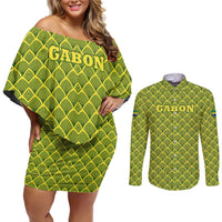 Gabon Tribal Pattern Couples Matching Off Shoulder Short Dress and Long Sleeve Button Shirt with National Flag Colors and Bold Text Design