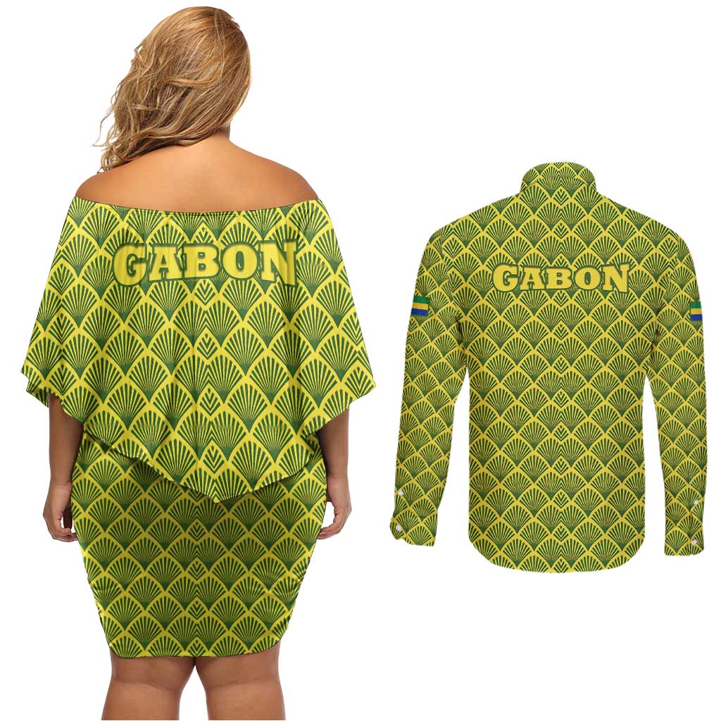 Gabon Tribal Pattern Couples Matching Off Shoulder Short Dress and Long Sleeve Button Shirt with National Flag Colors and Bold Text Design