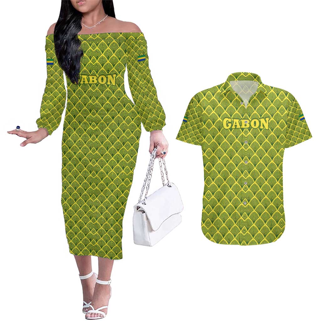Gabon Tribal Pattern Couples Matching Off The Shoulder Long Sleeve Dress and Hawaiian Shirt with National Flag Colors and Bold Text Design