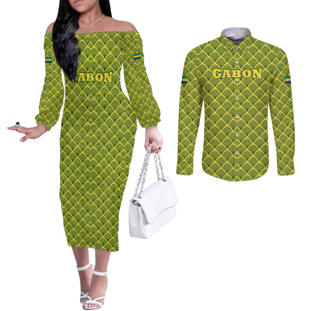 Gabon Tribal Pattern Couples Matching Off The Shoulder Long Sleeve Dress and Long Sleeve Button Shirt with National Flag Colors and Bold Text Design