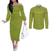 Gabon Tribal Pattern Couples Matching Off The Shoulder Long Sleeve Dress and Long Sleeve Button Shirt with National Flag Colors and Bold Text Design