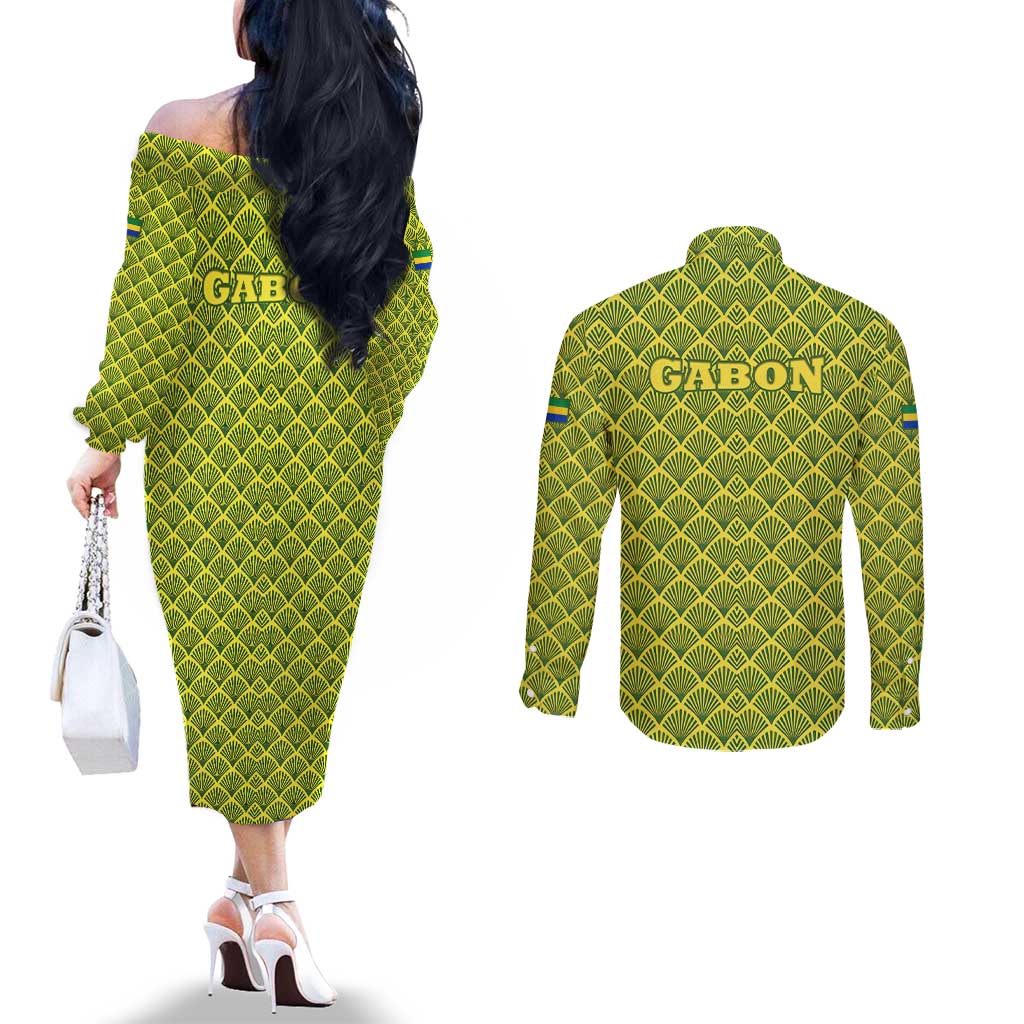 Gabon Tribal Pattern Couples Matching Off The Shoulder Long Sleeve Dress and Long Sleeve Button Shirt with National Flag Colors and Bold Text Design