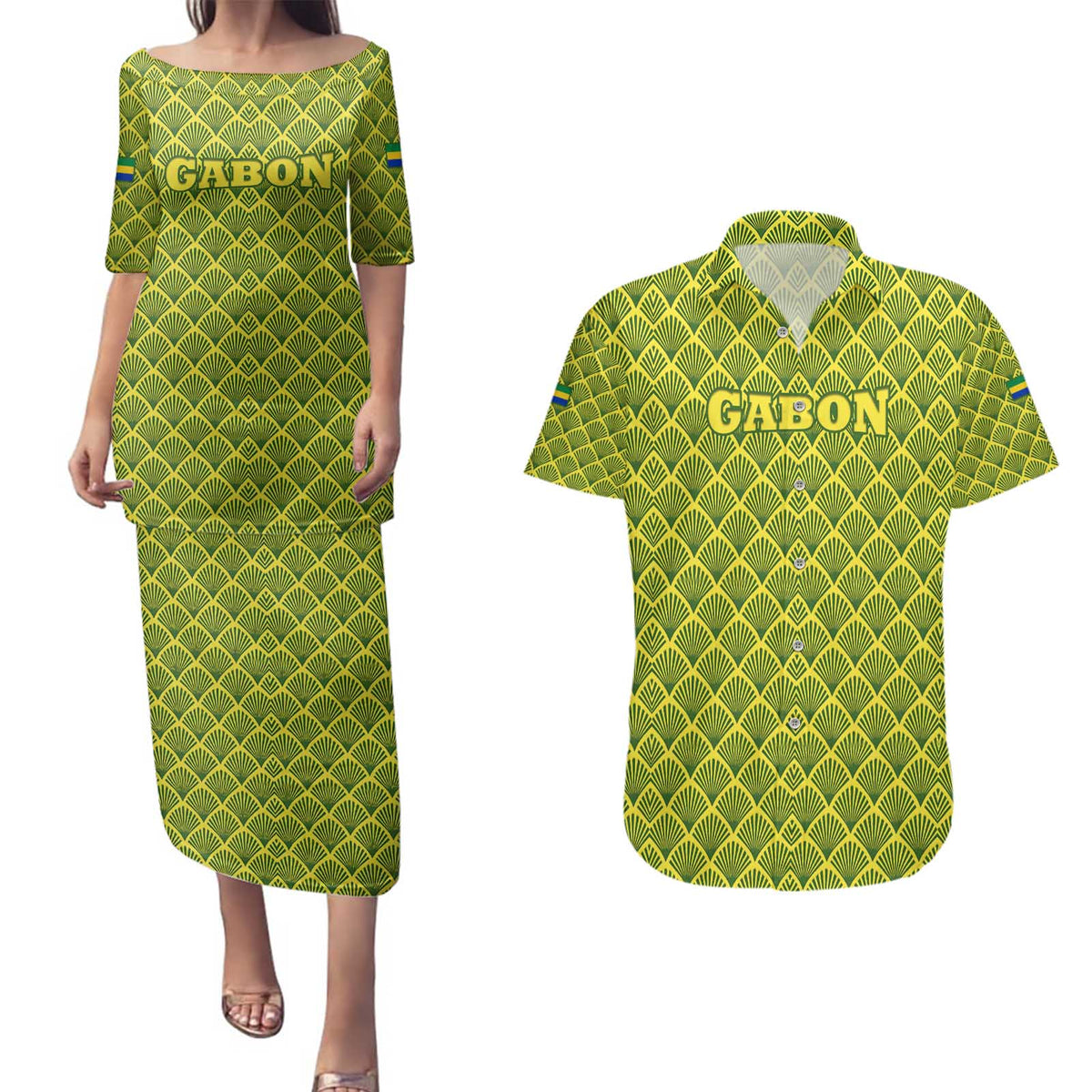 Gabon Tribal Pattern Couples Matching Puletasi and Hawaiian Shirt with National Flag Colors and Bold Text Design