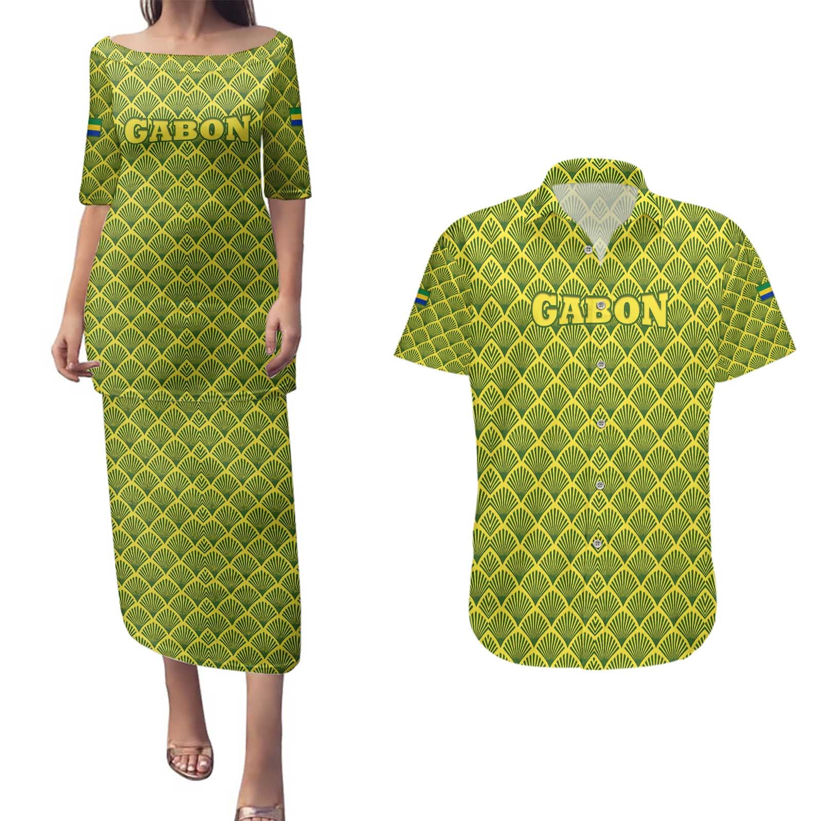 Gabon Tribal Pattern Couples Matching Puletasi and Hawaiian Shirt with National Flag Colors and Bold Text Design