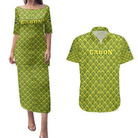 Gabon Tribal Pattern Couples Matching Puletasi and Hawaiian Shirt with National Flag Colors and Bold Text Design