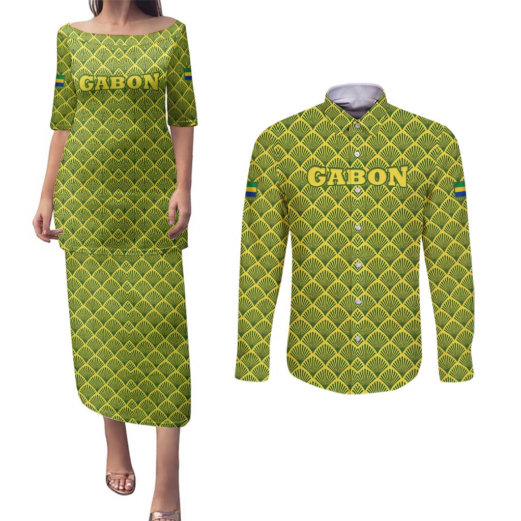 Gabon Tribal Pattern Couples Matching Puletasi and Long Sleeve Button Shirt with National Flag Colors and Bold Text Design
