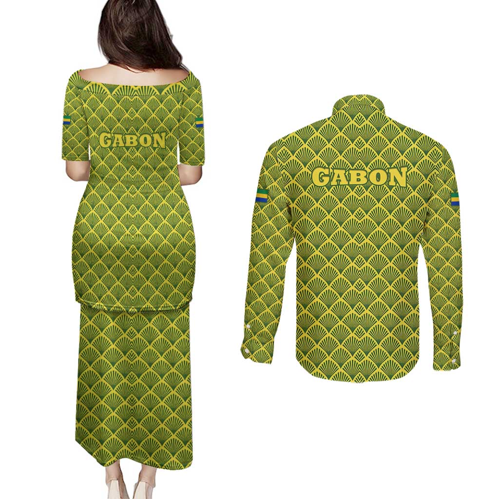 Gabon Tribal Pattern Couples Matching Puletasi and Long Sleeve Button Shirt with National Flag Colors and Bold Text Design