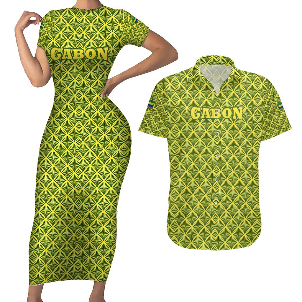 Gabon Tribal Pattern Couples Matching Short Sleeve Bodycon Dress and Hawaiian Shirt with National Flag Colors and Bold Text Design