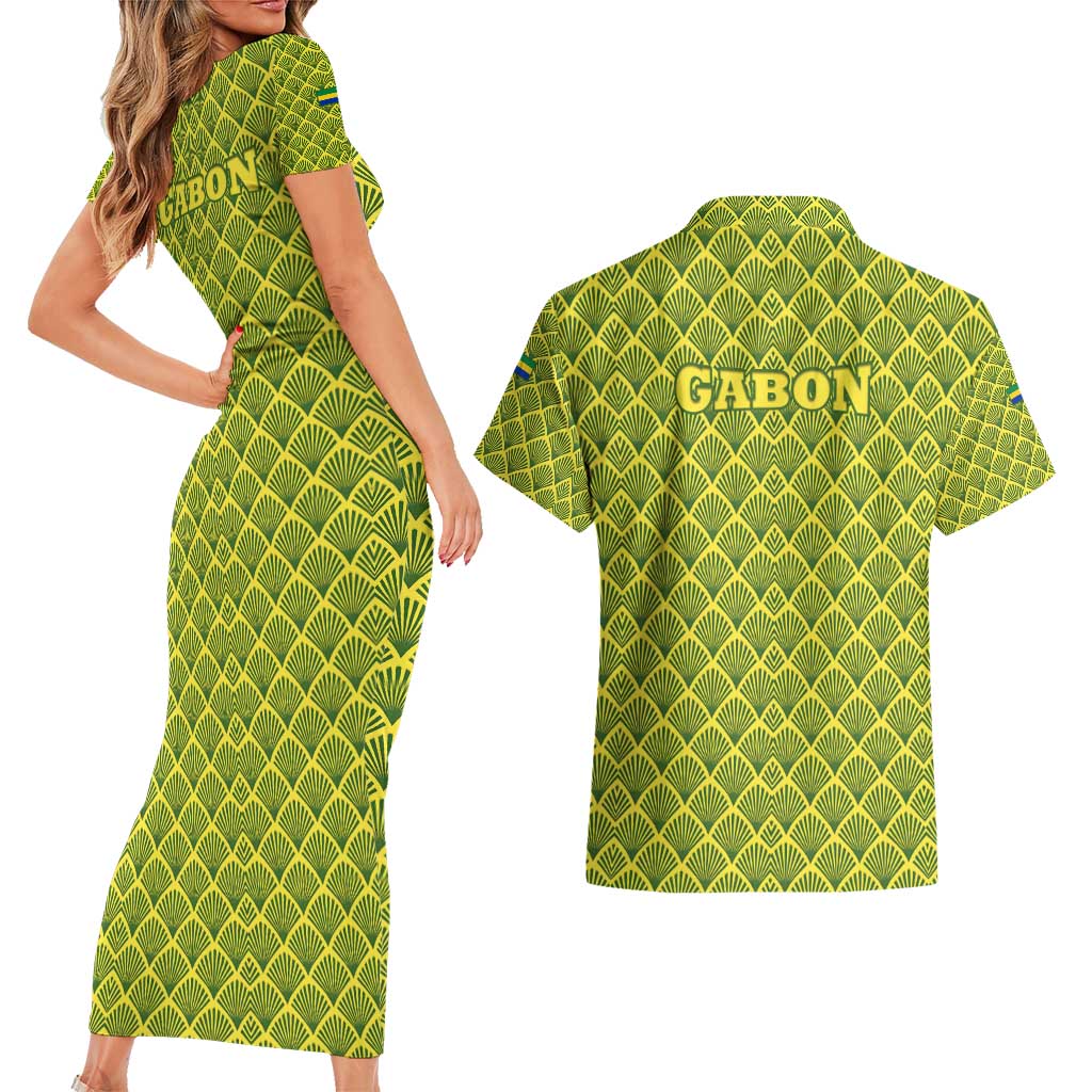 Gabon Tribal Pattern Couples Matching Short Sleeve Bodycon Dress and Hawaiian Shirt with National Flag Colors and Bold Text Design