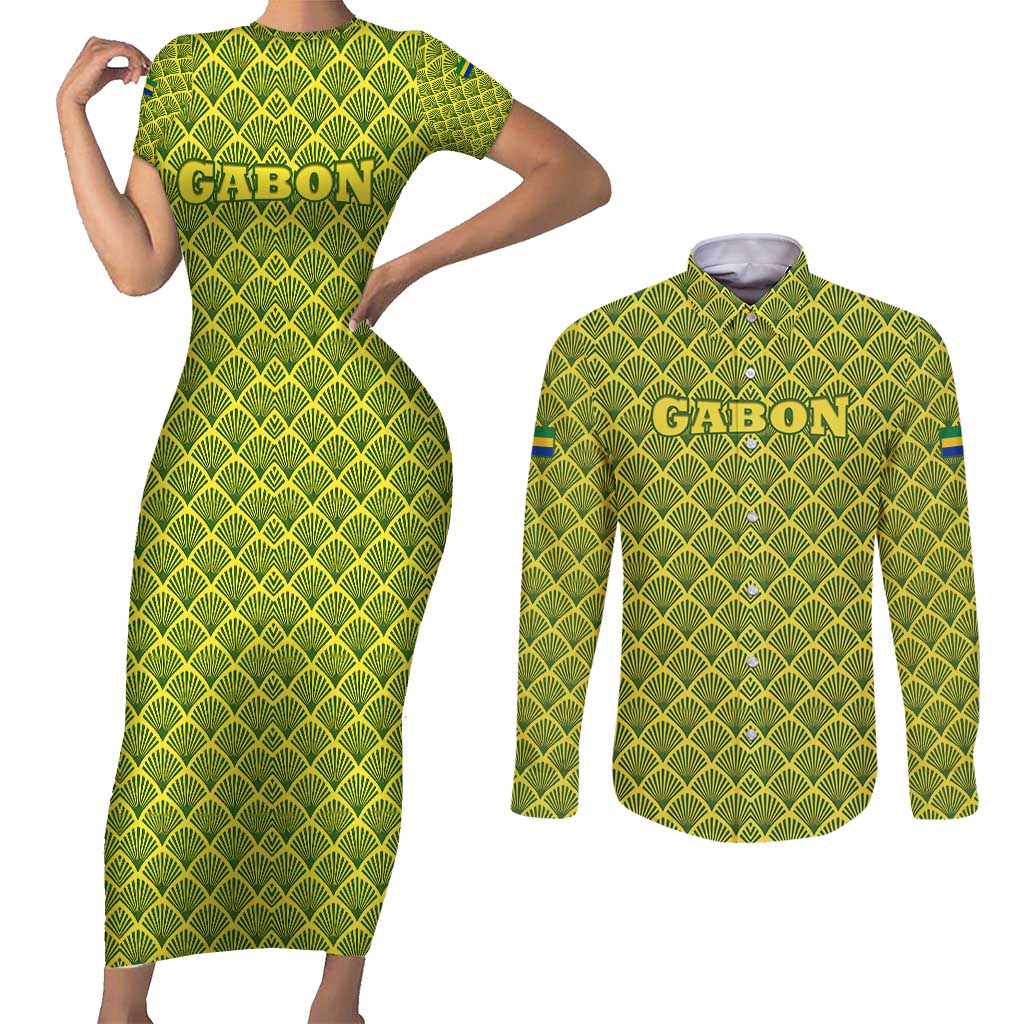 Gabon Tribal Pattern Couples Matching Short Sleeve Bodycon Dress and Long Sleeve Button Shirt with National Flag Colors and Bold Text Design