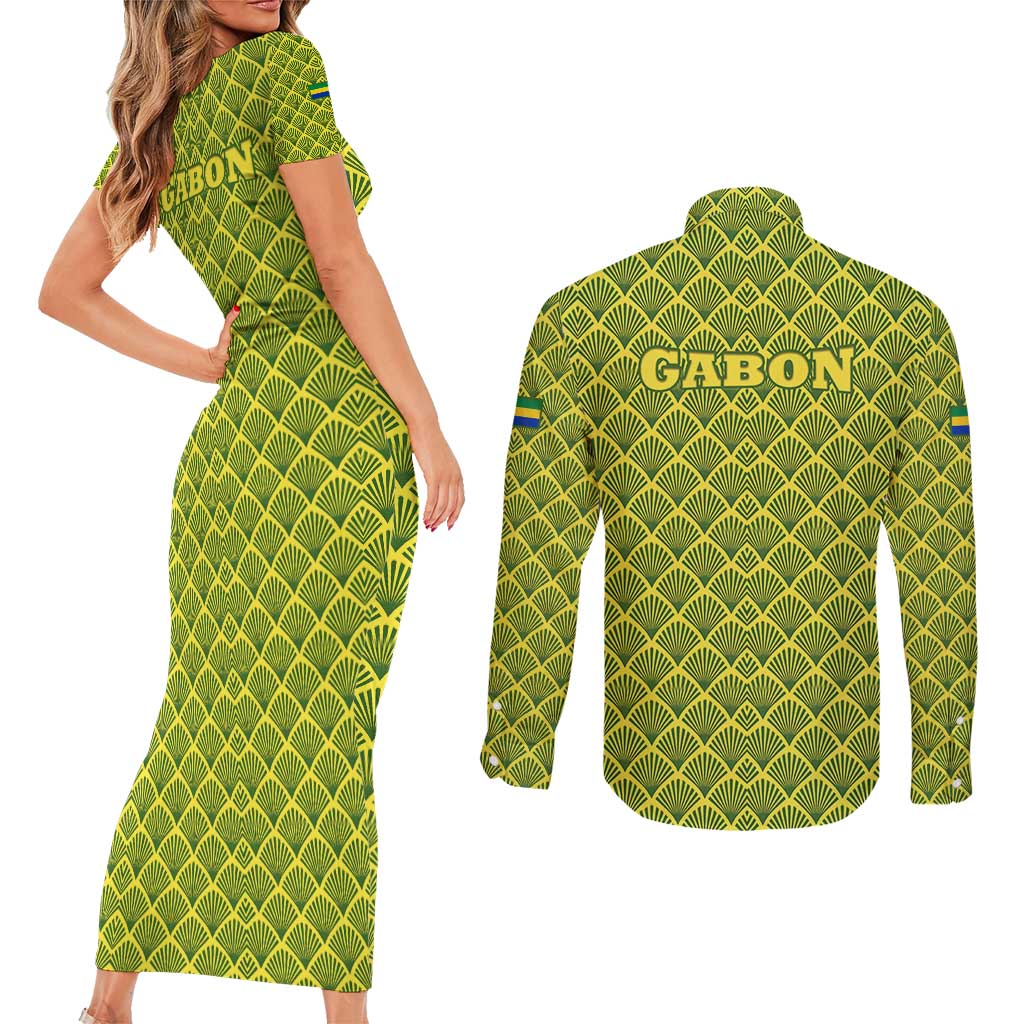 Gabon Tribal Pattern Couples Matching Short Sleeve Bodycon Dress and Long Sleeve Button Shirt with National Flag Colors and Bold Text Design