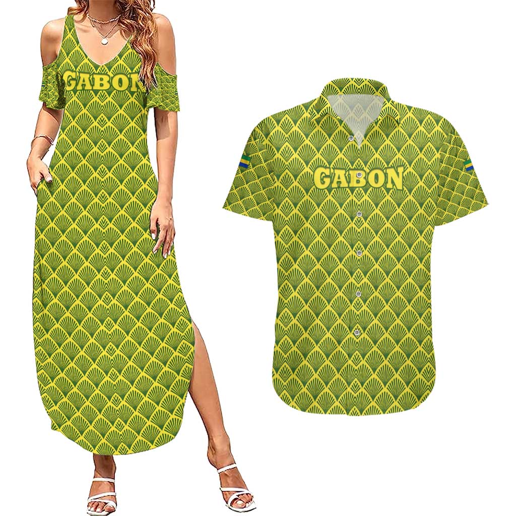 Gabon Tribal Pattern Couples Matching Summer Maxi Dress and Hawaiian Shirt with National Flag Colors and Bold Text Design