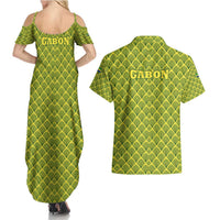 Gabon Tribal Pattern Couples Matching Summer Maxi Dress and Hawaiian Shirt with National Flag Colors and Bold Text Design