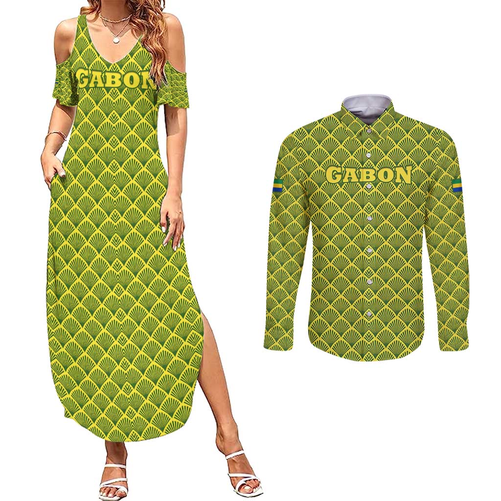 Gabon Tribal Pattern Couples Matching Summer Maxi Dress and Long Sleeve Button Shirt with National Flag Colors and Bold Text Design