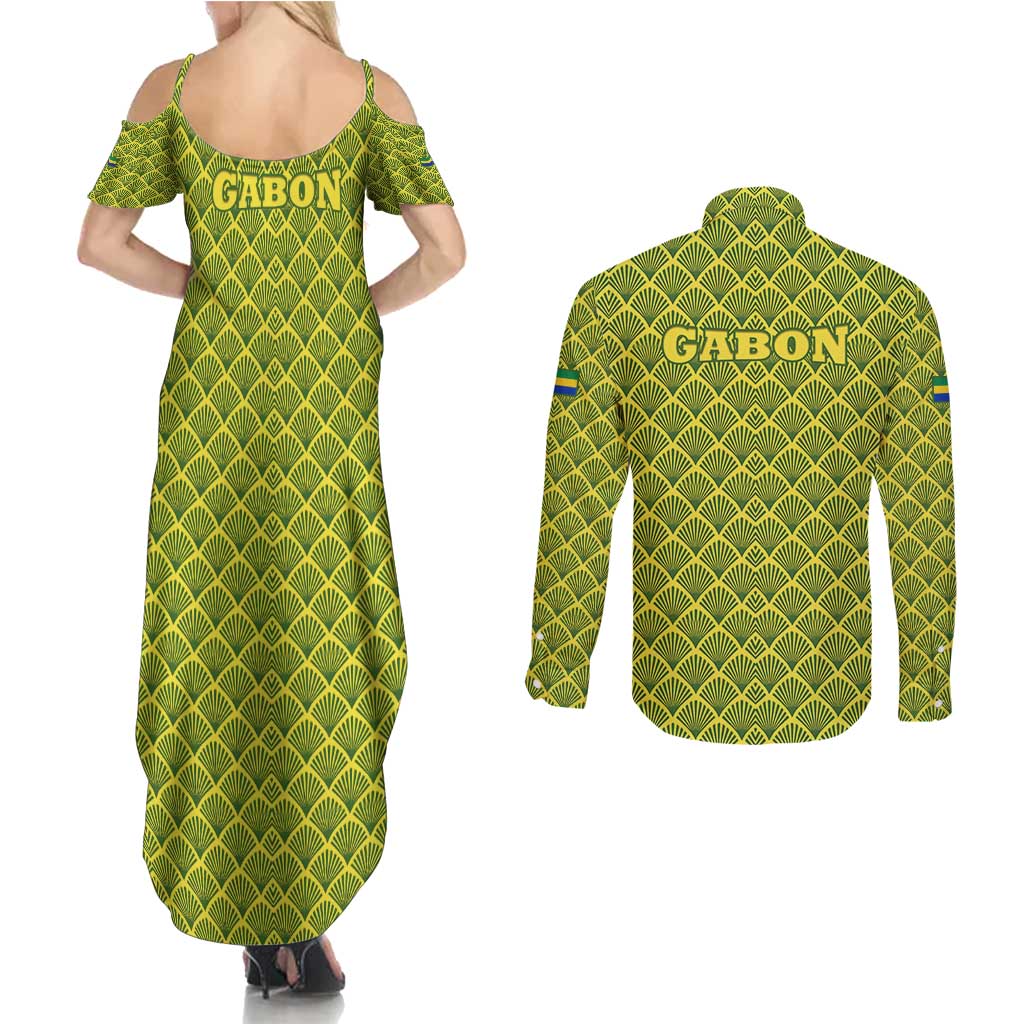 Gabon Tribal Pattern Couples Matching Summer Maxi Dress and Long Sleeve Button Shirt with National Flag Colors and Bold Text Design