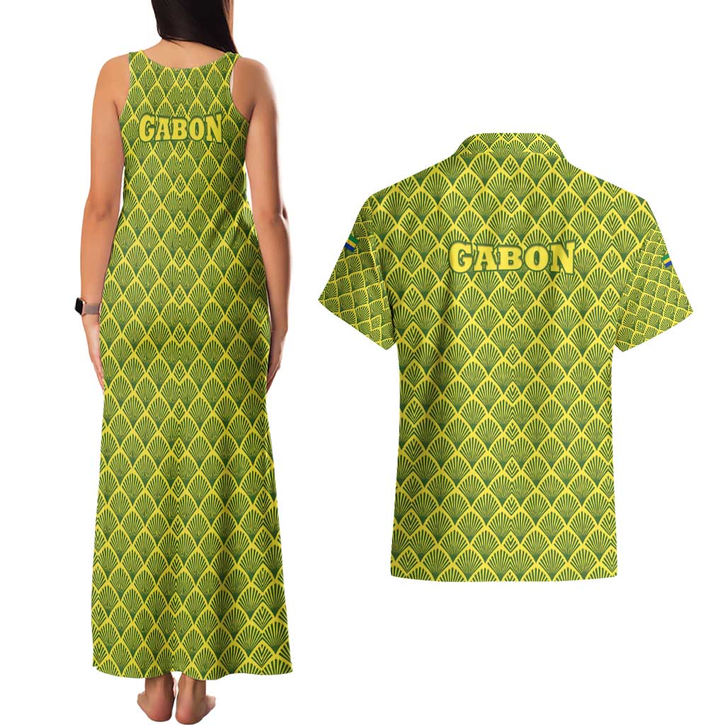 Gabon Tribal Pattern Couples Matching Tank Maxi Dress and Hawaiian Shirt with National Flag Colors and Bold Text Design