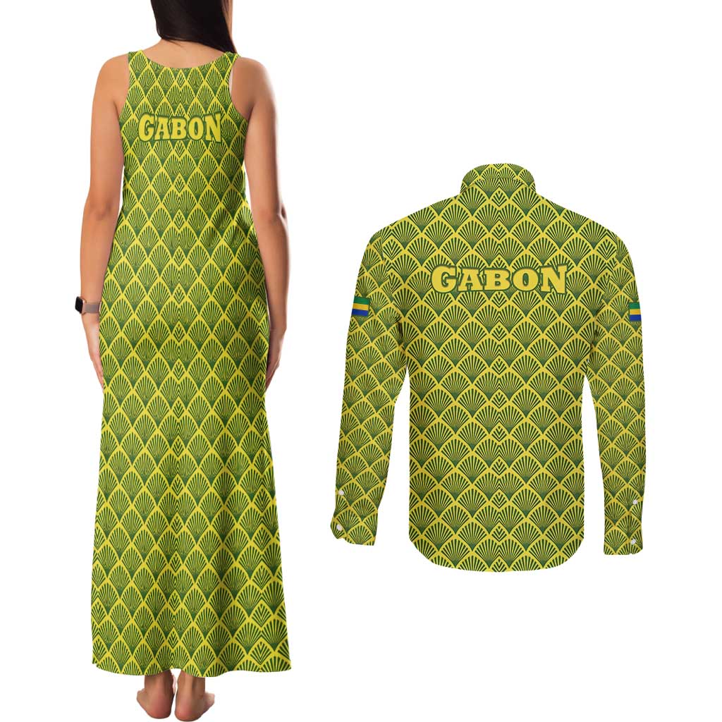 Gabon Tribal Pattern Couples Matching Tank Maxi Dress and Long Sleeve Button Shirt with National Flag Colors and Bold Text Design