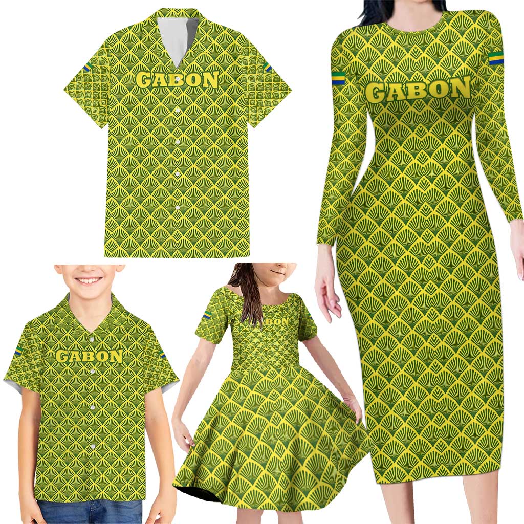 Gabon Tribal Pattern Family Matching Long Sleeve Bodycon Dress and Hawaiian Shirt with National Flag Colors and Bold Text Design
