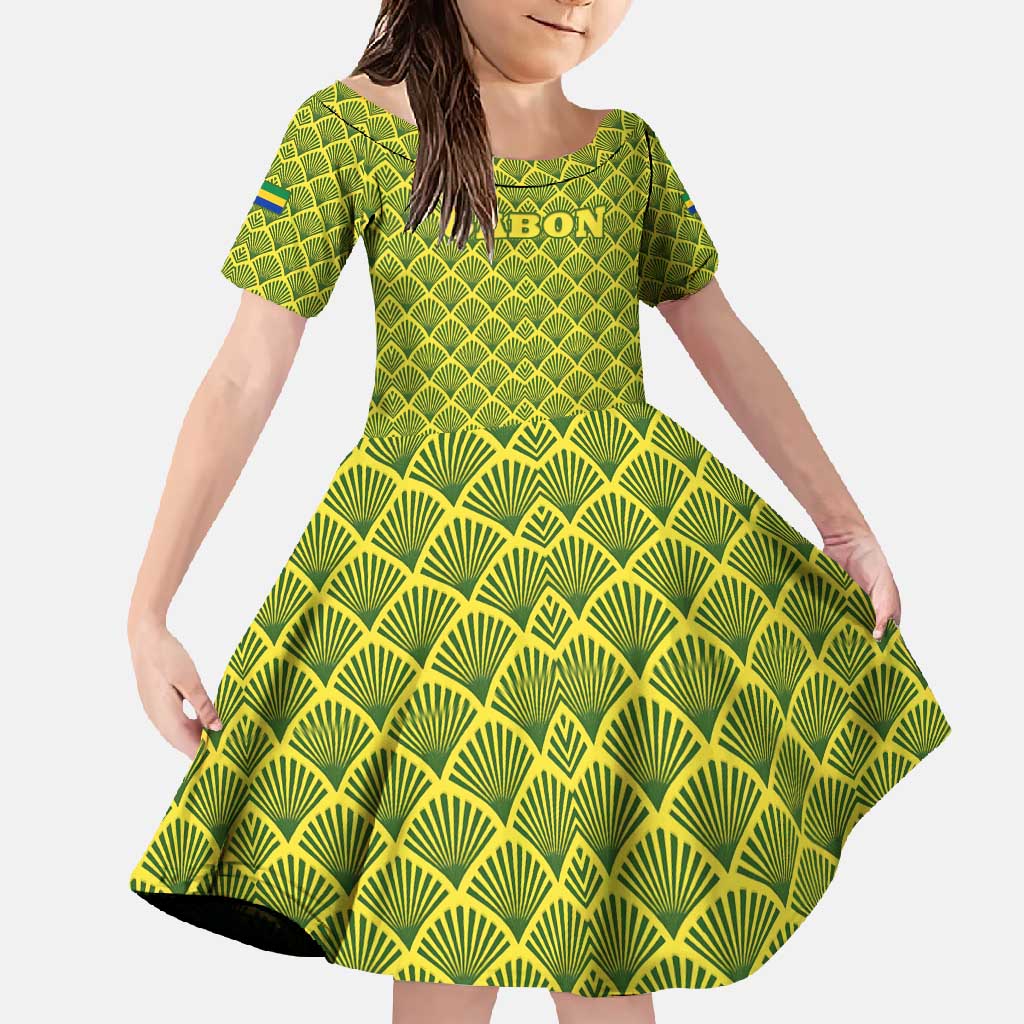 Gabon Tribal Pattern Family Matching Mermaid Dress and Hawaiian Shirt with National Flag Colors and Bold Text Design